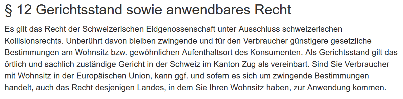 Screenshot von § 12 der Nutzungsbedingungen des Portals seitensprungtreff24.de, der die Geltung Schweizer Rechts bestimmt.